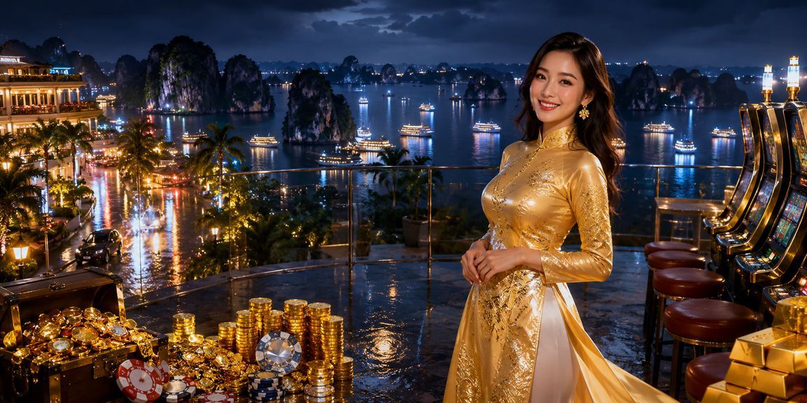 Người mặc áo dài chơi slot game với phông nền vịnh Hạ Long, trải nghiệm jackpot trực tuyến